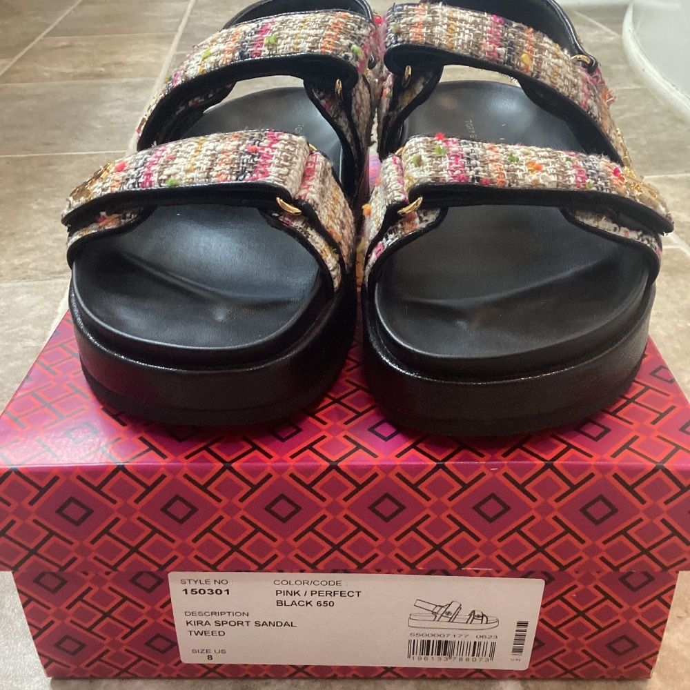 Tory Burch Kira Sport Sandal Tweed Pink/Perfect Black size 8